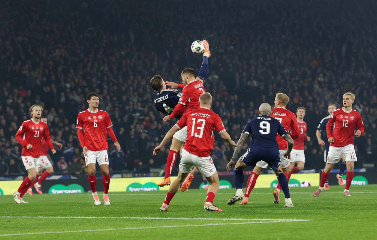GLASGOW, SCOTLAND - NOVEMBER 18: Scott McTominay of Scotland scores his team's first goal during the FIFA World Cup 2026 qualifier match between Scotland and Denmark at Hampden Park on November 18, 2025 in Glasgow, Scotland. (Photo by Ian MacNicol/Getty Images)