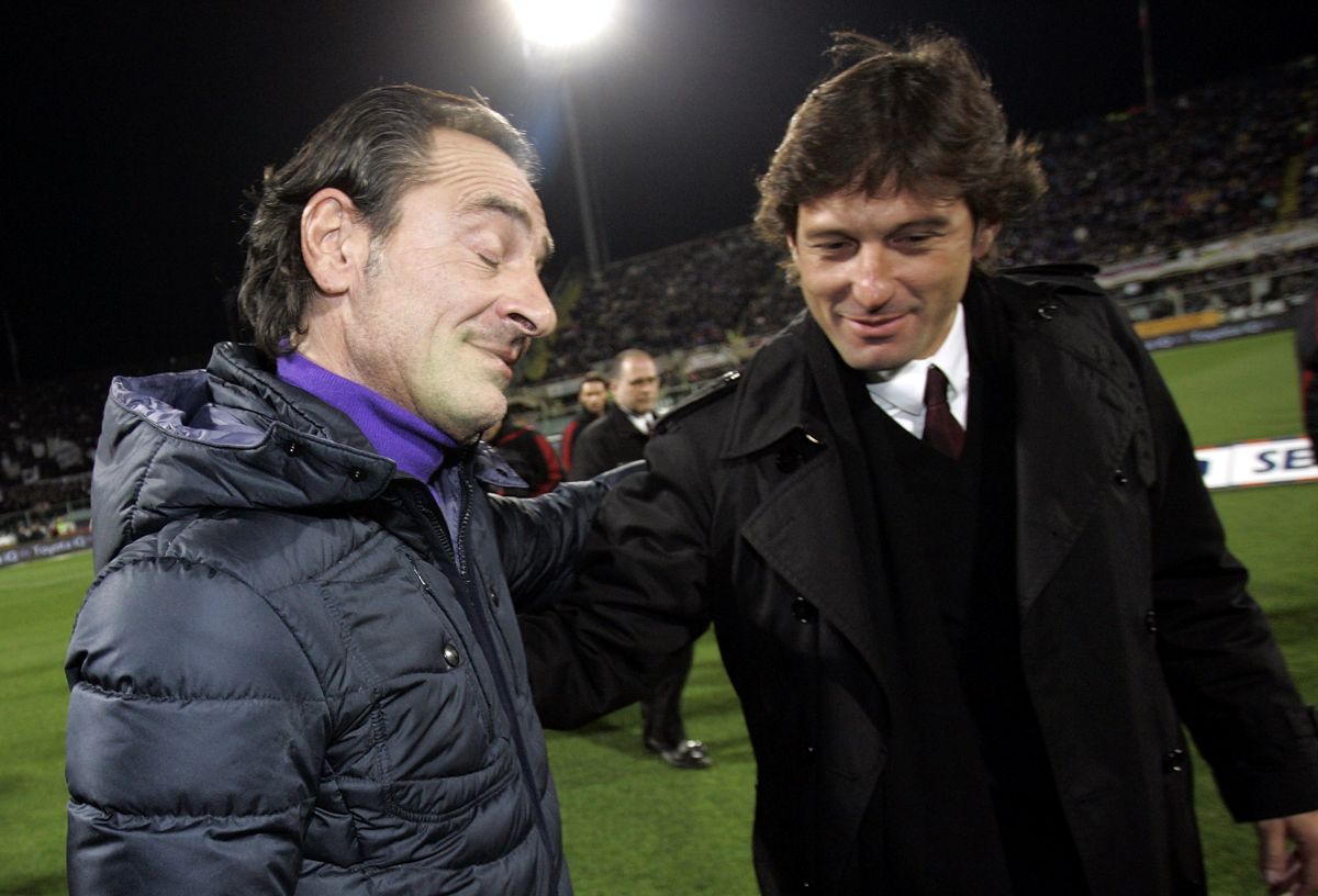 FLORENCE, ITALY - FEBRUARY 24: Fiorentina's head coach Cesare Prandelli (L) and Milan's head coach Leonardo (Nascimento De Araujo Leonardo) greet each other before the Serie A match between ACF Fiorentina and AC Milan at Stadio Artemio Franchi on February 24, 2010 in Florence, Italy. (Photo by Gabriele Maltinti/Getty Images)