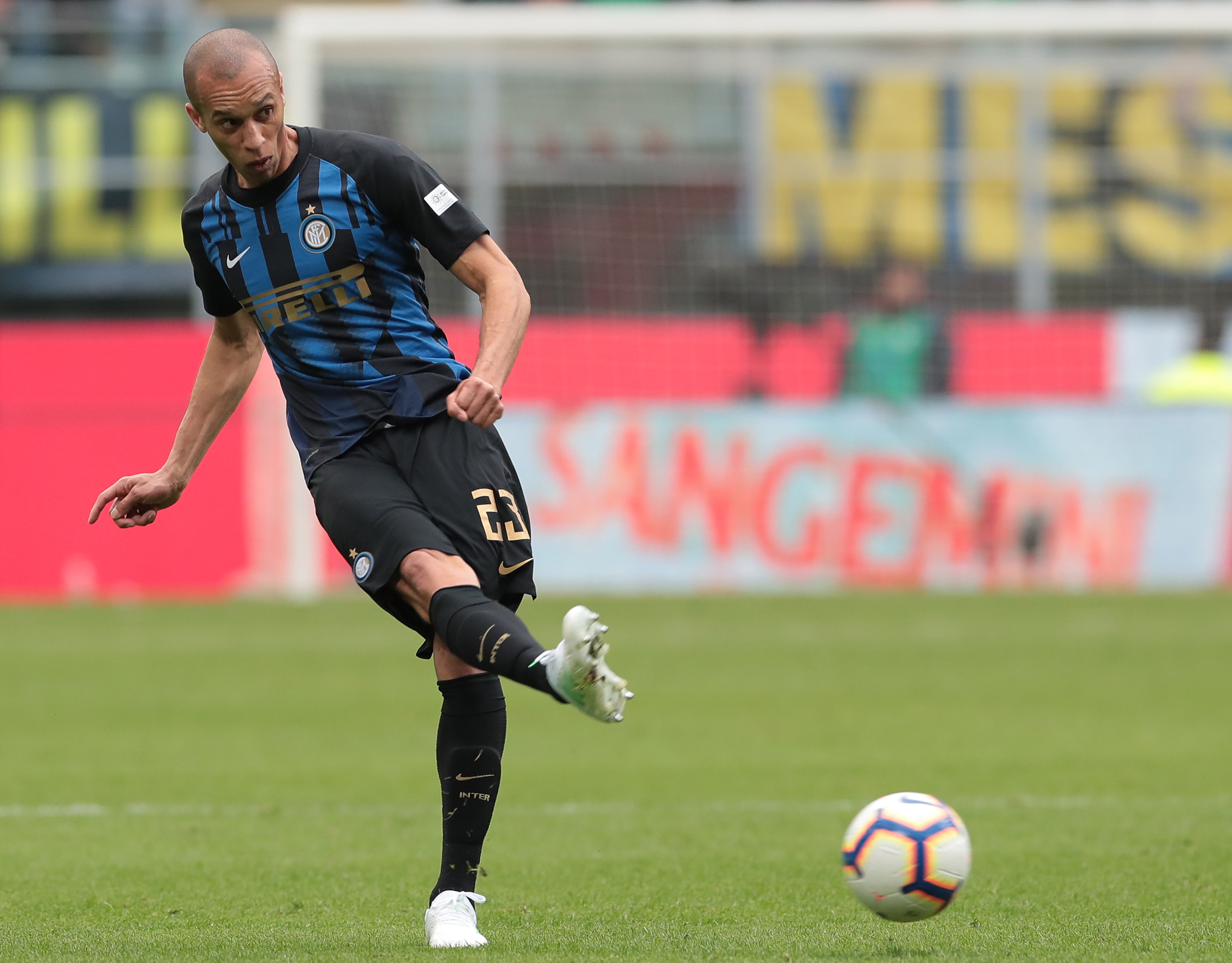 MILAN, ITALY - APRIL 07:  Joao Miranda de Souza Filho of FC Internazionale in action during the Serie A match between FC Internazionale and Atalanta BC at Stadio Giuseppe Meazza on April 7, 2019 in Milan, Italy.  (Photo by Emilio Andreoli/Getty Images )