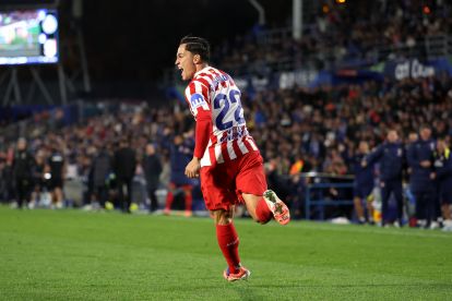 GETAFE, SPAIN - NOVEMBER 23: Giacomo Raspadori of Atletico de Madrid celebrates his team's first goal which was an own goal scored by Domingos Duarte of Getafe CF (not pictured) during the LaLiga EA Sports match between Getafe CF and Atletico de Madrid at Coliseum Alfonso Perez on November 23, 2025 in Getafe, Spain. (Photo by Florencia Tan Jun/Getty Images)