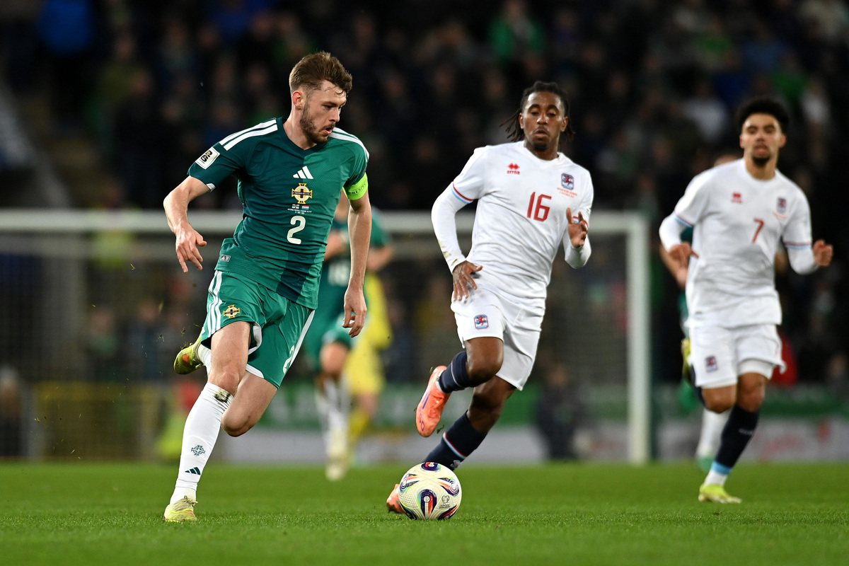 BELFAST, NORTHERN IRELAND - NOVEMBER 17: Conor Bradley of Northern Ireland runs with the ball during the FIFA World Cup 2026 qualifier match between Northern Ireland and Luxembourg at Windsor Park on November 17, 2025 in Belfast, Northern Ireland. (Photo by Charles McQuillan/Getty Images)