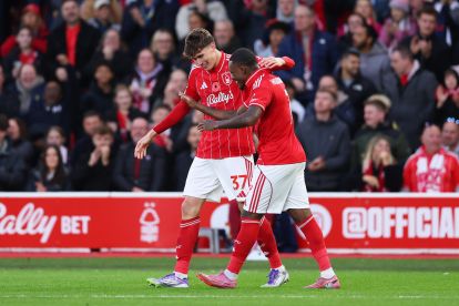 NOTTINGHAM, ENGLAND - NOVEMBER 01: Nicolo Savona of Nottingham Forest celebrates scoring his team's second goal with teammate Callum Hudson-Odoi during the Premier League match between Nottingham Forest and Manchester United at City Ground on November 01, 2025 in Nottingham, England. (Photo by Molly Darlington/Getty Images) (Atalanta links)