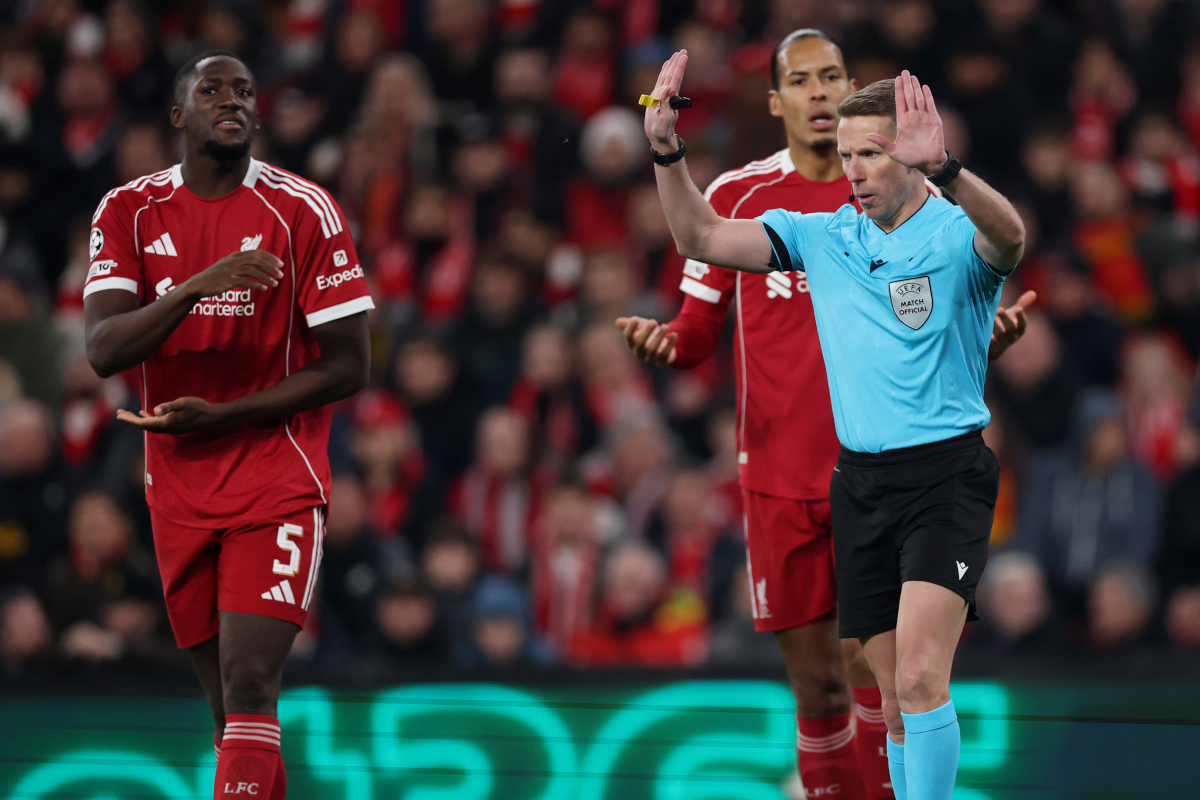 LIVERPOOL, ENGLAND - NOVEMBER 26: Referee Alejandro Hernandez reacts before awarding a penalty to PSV Eindhoven during the UEFA Champions League 2025/26 League Phase MD5 match between Liverpool FC and PSV Eindhoven at Anfield on November 26, 2025 in Liverpool, England. (Photo by Carl Recine/Getty Images)