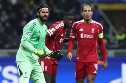 MILAN, ITALY - DECEMBER 09: Allison Becker of Liverpool FC looks on during the UEFA Champions League 2025/26 League Phase MD6 match between FC Internazionale Milano and Liverpool FC at Stadio San Siro on December 09, 2025 in Milan, Italy. (Photo by Marco Luzzani/Getty Images)