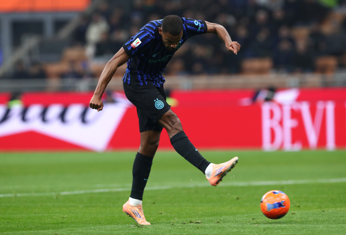 MILAN, ITALY - DECEMBER 03: Andy Diouf of FC Internazionale Milano scores his team's first goal during the Coppa Italia round of 16 match between FC Internazionale and Venezia FC at San Siro Stadium on December 03, 2025 in Milan, Italy. (Photo by Marco Luzzani/Getty Images)