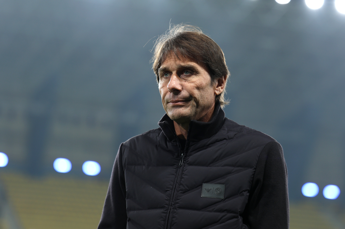 RIYADH, SAUDI ARABIA - DECEMBER 18: Antonio Conte, Head Coach of SSC Napoli, looks on prior to the Supercoppa Italiana Semi-Final match between SSC Napoli and AC Milan at King Saud University Stadium on December 18, 2025 in Riyadh, Saudi Arabia. (Photo by Yasser Bakhsh/Getty Images)