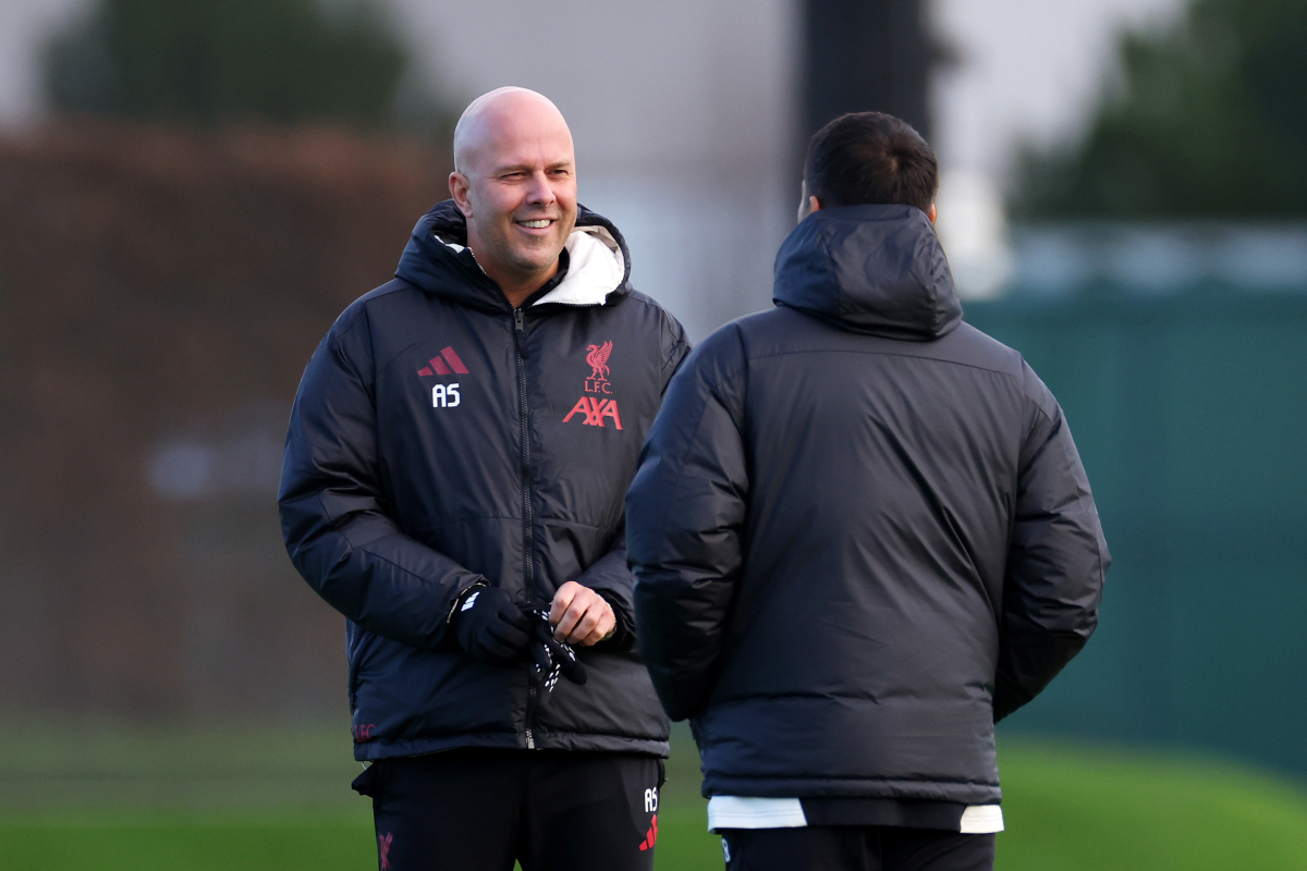 KIRKBY, ENGLAND - DECEMBER 08: Arne Slot, Manager of Liverpool, reacts during a Liverpool Training Session at AXA Training Centre on December 08, 2025 in Kirkby, England. (Photo by Lewis Storey/Getty Images)