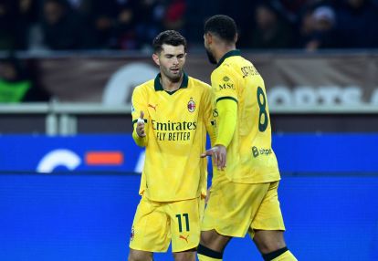 TURIN, ITALY - DECEMBER 08: Christian Pulisic of AC Milan celebrates scoring his team's third goal with teammate Ruben Loftus-Cheek during the Serie A match between Torino FC and AC Milan at Stadio Olimpico di Torino on December 08, 2025 in Turin, Italy. (Photo by Valerio Pennicino/Getty Images)