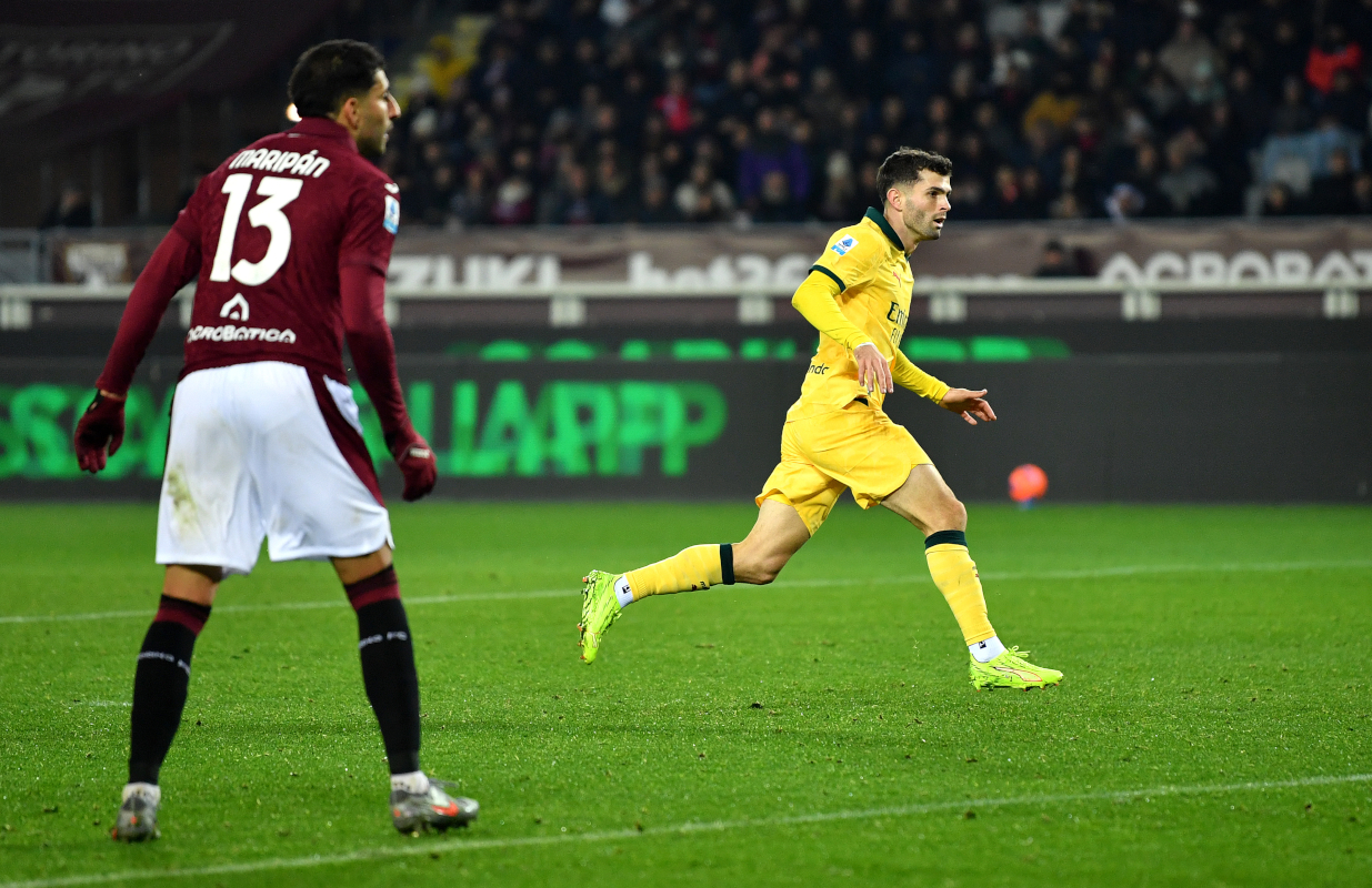 TURIN, ITALY - DECEMBER 08: Christian Pulisic of AC Milan celebrates scoring his team's third goal during the Serie A match between Torino FC and AC Milan at Stadio Olimpico di Torino on December 08, 2025 in Turin, Italy. (Photo by Valerio Pennicino/Getty Images)