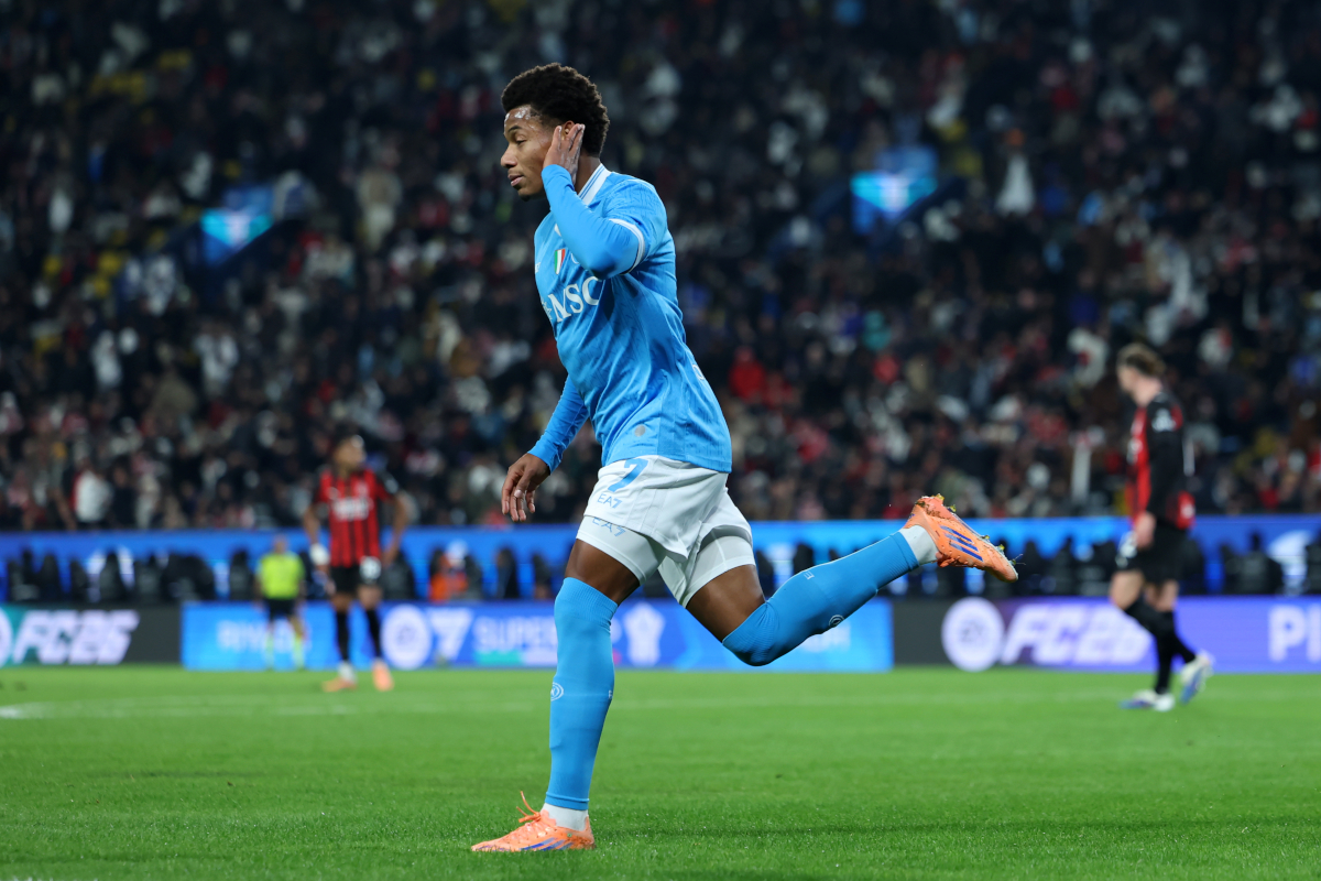 RIYADH, SAUDI ARABIA - DECEMBER 18: David Neres of SSC Napoli celebrates scoring his team's first goal during the Supercoppa Italiana Semi-Final match between SSC Napoli and AC Milan at King Saud University Stadium on December 18, 2025 in Riyadh, Saudi Arabia. (Photo by Abdullah Ahmed/Getty Images)