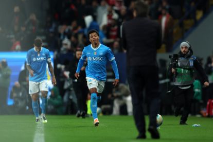 RIYADH, SAUDI ARABIA - DECEMBER 18: David Neres of SSC Napoli celebrates scoring his team's first goal during the Supercoppa Italiana Semi-Final match between SSC Napoli and AC Milan at King Saud University Stadium on December 18, 2025 in Riyadh, Saudi Arabia. (Photo by Yasser Bakhsh/Getty Images)