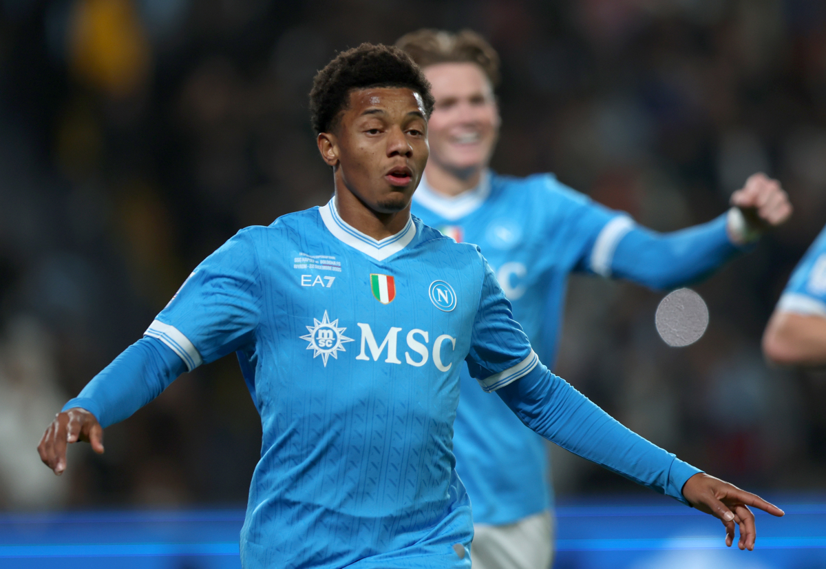 RIYADH, SAUDI ARABIA - DECEMBER 22: David Neres of SSC Napoli celebrates scoring his team's second goal during the Supercoppa Italiana Final between SSC Napoli and Bologna FC 1909 at King Saud University Stadium on December 22, 2025 in Riyadh, Saudi Arabia. (Photo by Yasser Bakhsh/Getty Images)