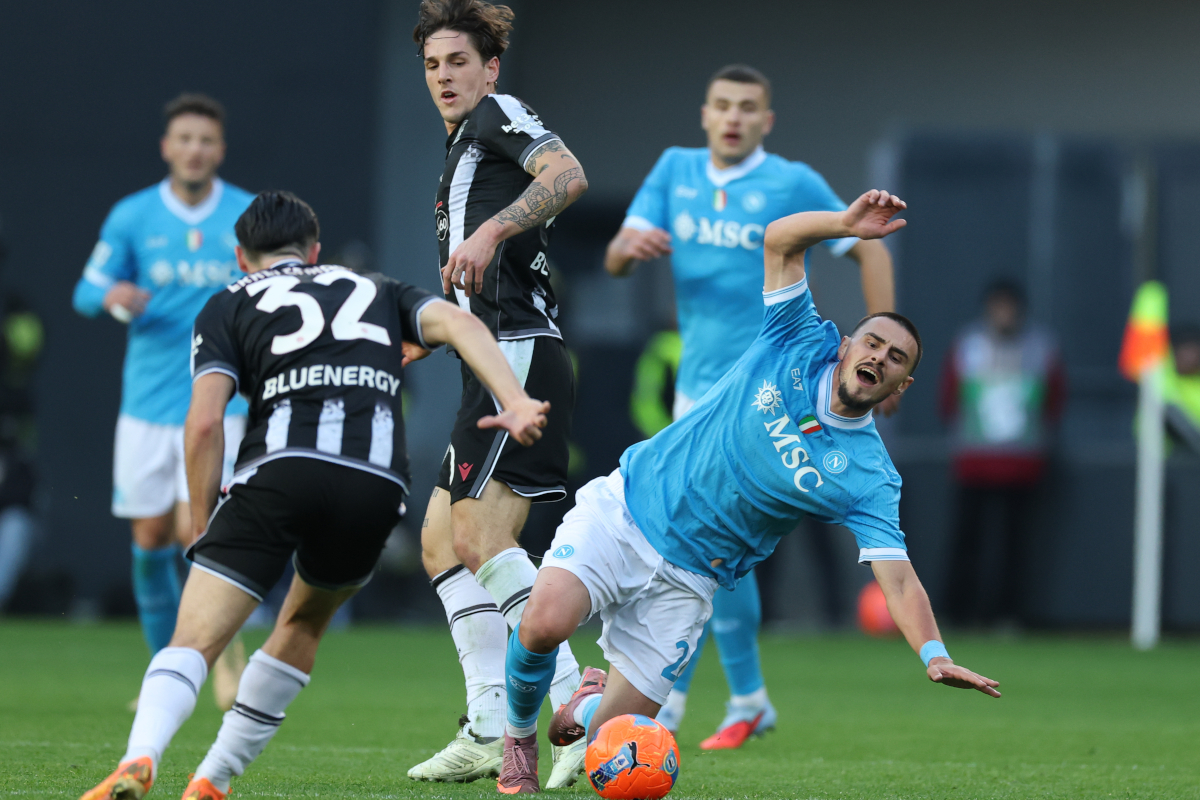 UDINE, ITALY - DECEMBER 14: Eljif Elmas of Napoli goes to ground during the Serie A match between Udinese Calcio and SSC Napoli at Stadio Friuli on December 14, 2025 in Udine, Italy. (Photo by Timothy Rogers/Getty Images)