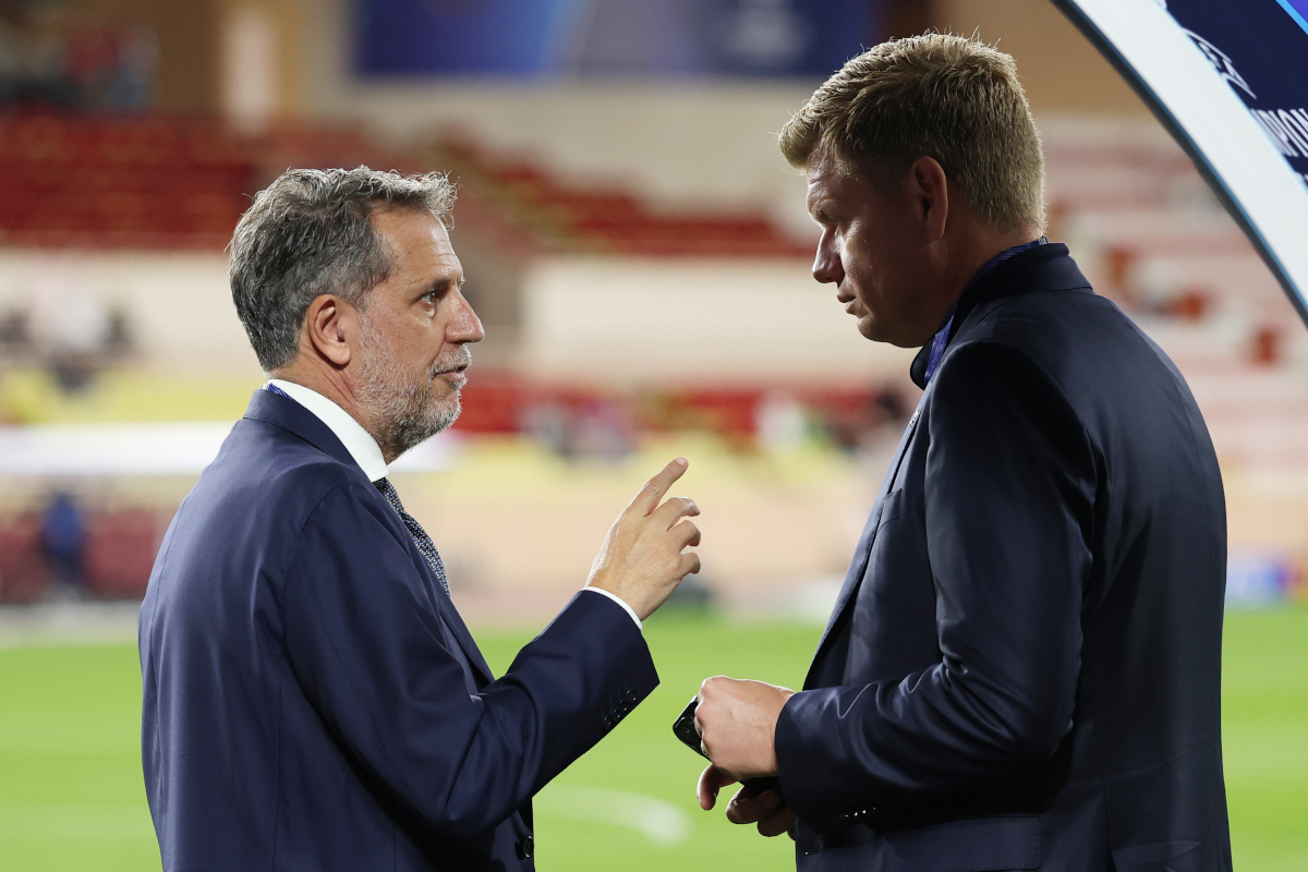 MONACO, MONACO - OCTOBER 22: Fabio Paratici, Tottenham Hotspur Managing Director interacts with Johan Lange, Tottenham Hotspur Technical Director in the tunnel prior to the UEFA Champions League 2025/26 League Phase MD3 match between AS Monaco and Tottenham Hotspur at Stade Louis II on October 22, 2025 in Monaco, Monaco. (Photo by Michael Steele/Getty Images)