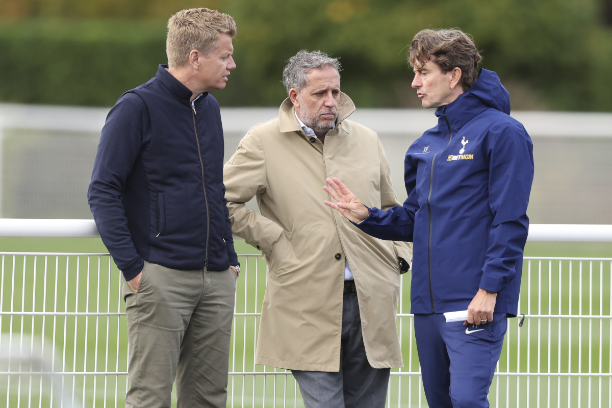 ENFIELD, ENGLAND - OCTOBER 21: Thomas Frank, Manager of of Tottenham Hotspur talks to Johan Lange, Technical Director and Fabio Paratici, sporting director of Tottenham Hotspur at Tottenham Hotspur Training Centre on October 21, 2025 in Enfield, England. (Photo by Paul Harding/Getty Images)