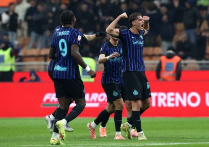 MILAN, ITALY - DECEMBER 03: Francesco Pio Esposito of FC Internazionale Milano celebrates scoring his team's second goal during the Coppa Italia round of 16 match between FC Internazionale and Venezia FC at San Siro Stadium on December 03, 2025 in Milan, Italy. (Photo by Marco Luzzani/Getty Images)