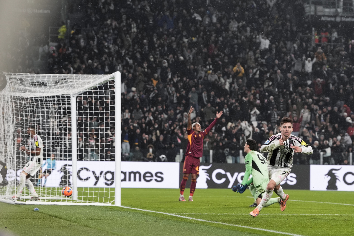 Francisco Conceicao celebrates opening the scoring for Juventus against Roma (@seriea_en)
