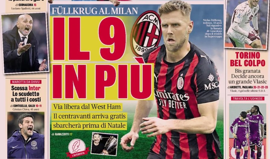 Today’s Papers – Fullkrug arrives for Milan, Napoli-Bologna for the first trophy
