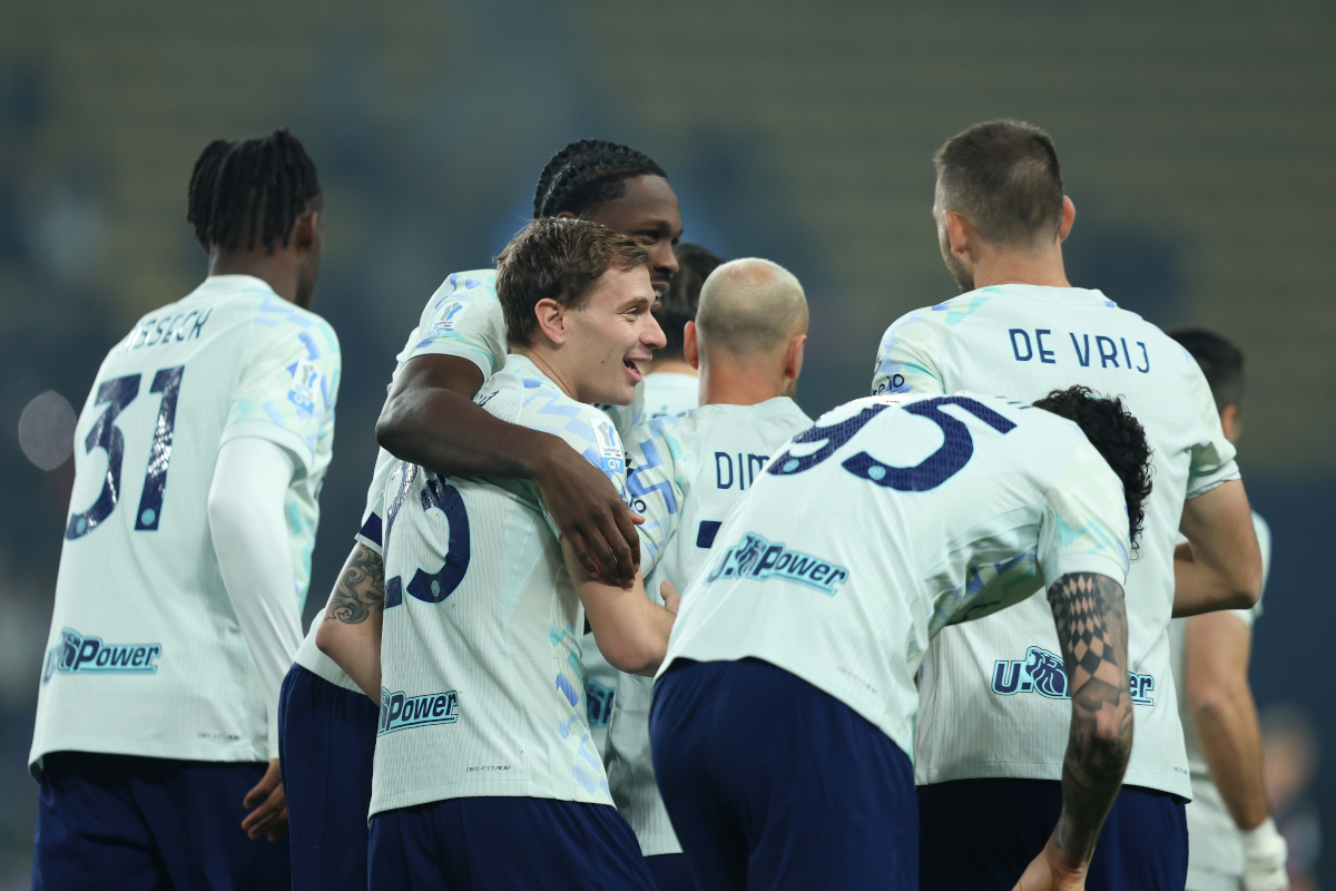 RIYADH, SAUDI ARABIA - DECEMBER 19: Marcus Thuram of Internazionale celebrates scoring his team's first goal with teammates during the Supercoppa Italiana semifinal match between Bologna FC 1909 and FC Internazionale at King Saud University Stadium on December 19, 2025 in Riyadh, Saudi Arabia. (Photo by Yasser Bakhsh/Getty Images)