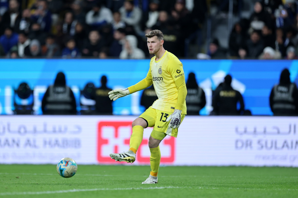 RIYADH, SAUDI ARABIA - DECEMBER 19: Josep Martinez Rieira goalkeeper of FC Internazionale kicks the ball during the Supercoppa Italiana semifinal match between Bologna FC 1909 and FC Internazionale at King Saud University Stadium on December 19, 2025 in Riyadh, Saudi Arabia. (Photo by Abdullah Ahmed/Getty Images)