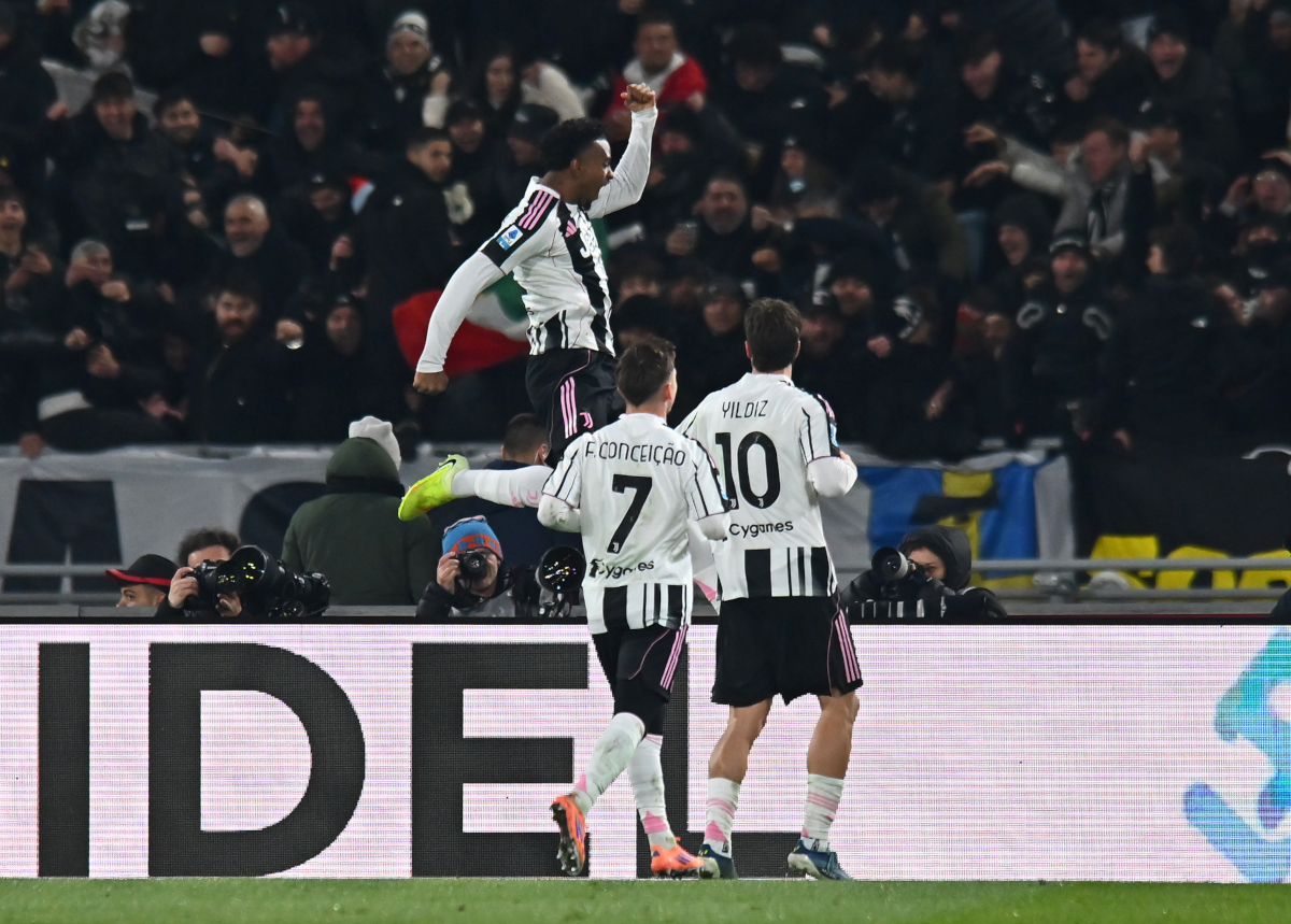 BOLOGNA, ITALY - DECEMBER 14: Juan Cabal of Juventus celebrates scoring his team's first goal during the Serie A match between Bologna FC 1909 and Juventus FC at Renato Dall'Ara Stadium on December 14, 2025 in Bologna, Italy. (Photo by Alessandro Sabattini/Getty Images)