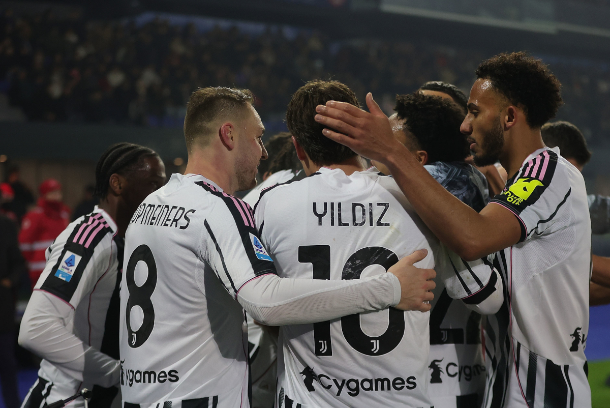 PISA, ITALY - DECEMBER 27: Pierre Kalulu of Juventus FC celebrates with team mates after scoring a goal during the Serie A match between Pisa SC and Juventus FC at Arena Garibaldi on December 27, 2025 in Pisa, Italy. (Photo by Gabriele Maltinti/Getty Images)