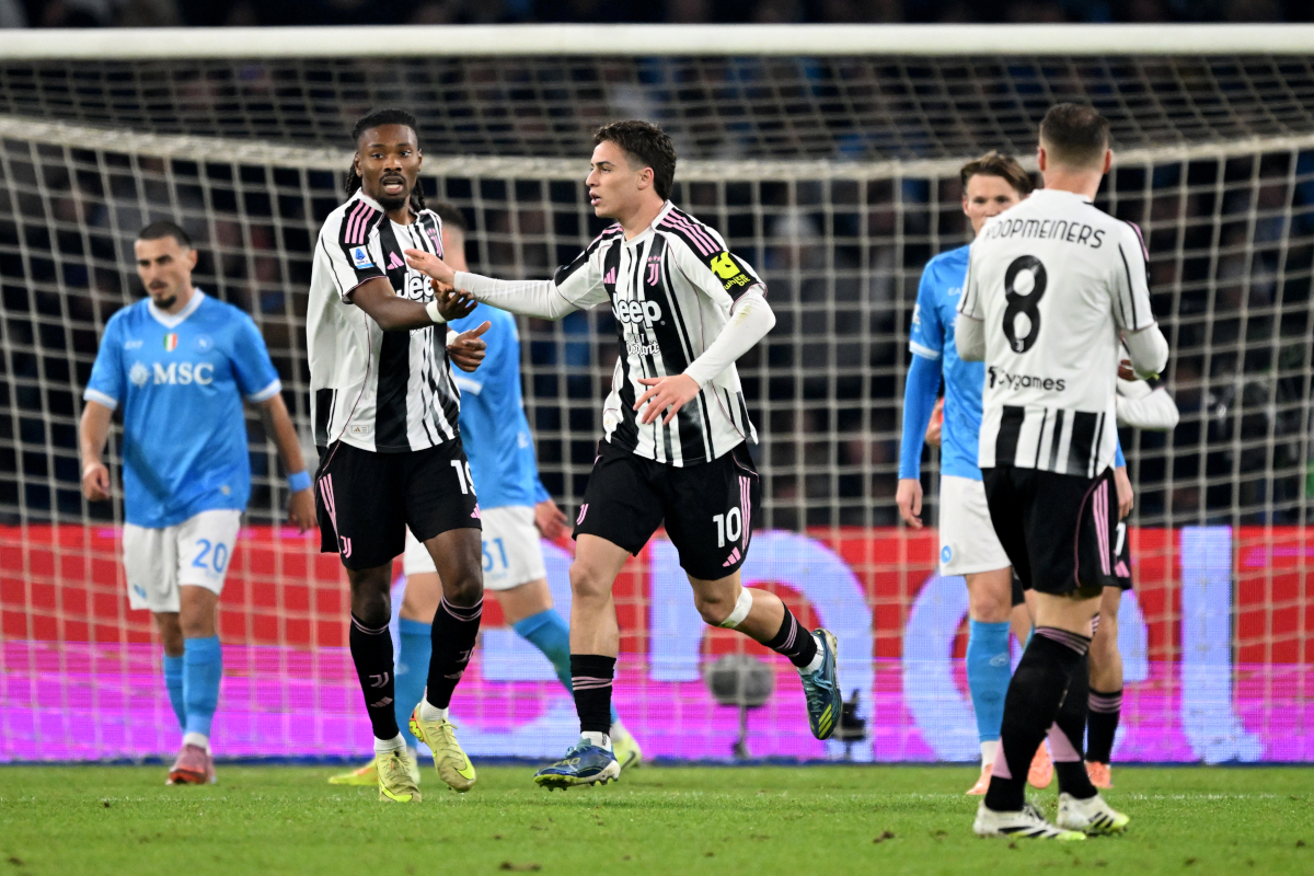 NAPLES, ITALY - DECEMBER 07: Kenan Yildiz of Juventus celebrates scoring his team's first goal during the Serie A match between SSC Napoli and Juventus FC at Stadio Diego Armando Maradona on December 07, 2025 in Naples, Italy. (Photo by Francesco Pecoraro/Getty Images)