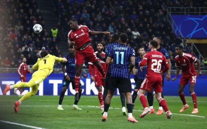 MILAN, ITALY - DECEMBER 09: Ibrahima Konate’ of Liverpool FC scores a disallowed goal during the UEFA Champions League 2025/26 League Phase MD6 match between FC Internazionale Milano and Liverpool FC at Stadio San Siro on December 09, 2025 in Milan, Italy. (Photo by Marco Luzzani/Getty Images)