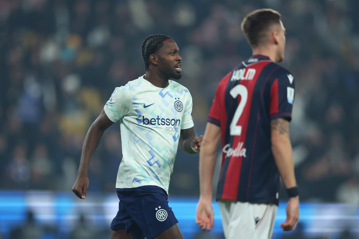 RIYADH, SAUDI ARABIA - DECEMBER 19: Marcus Thuram of Internazionale celebrates scoring his team's first goal during the Supercoppa Italiana semifinal match between Bologna FC 1909 and FC Internazionale at King Saud University Stadium on December 19, 2025 in Riyadh, Saudi Arabia. (Photo by Yasser Bakhsh/Getty Images)