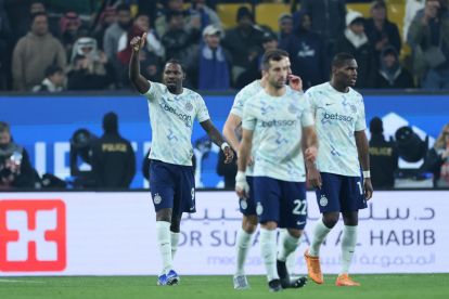 RIYADH, SAUDI ARABIA - DECEMBER 19: Marcus Thuram of FC Internazionale celebrates after scoring his team's first goal during the Supercoppa Italiana semifinal match between Bologna FC 1909 and FC Internazionale at King Saud University Stadium on December 19, 2025 in Riyadh, Saudi Arabia. (Photo by Abdullah Ahmed/Getty Images)