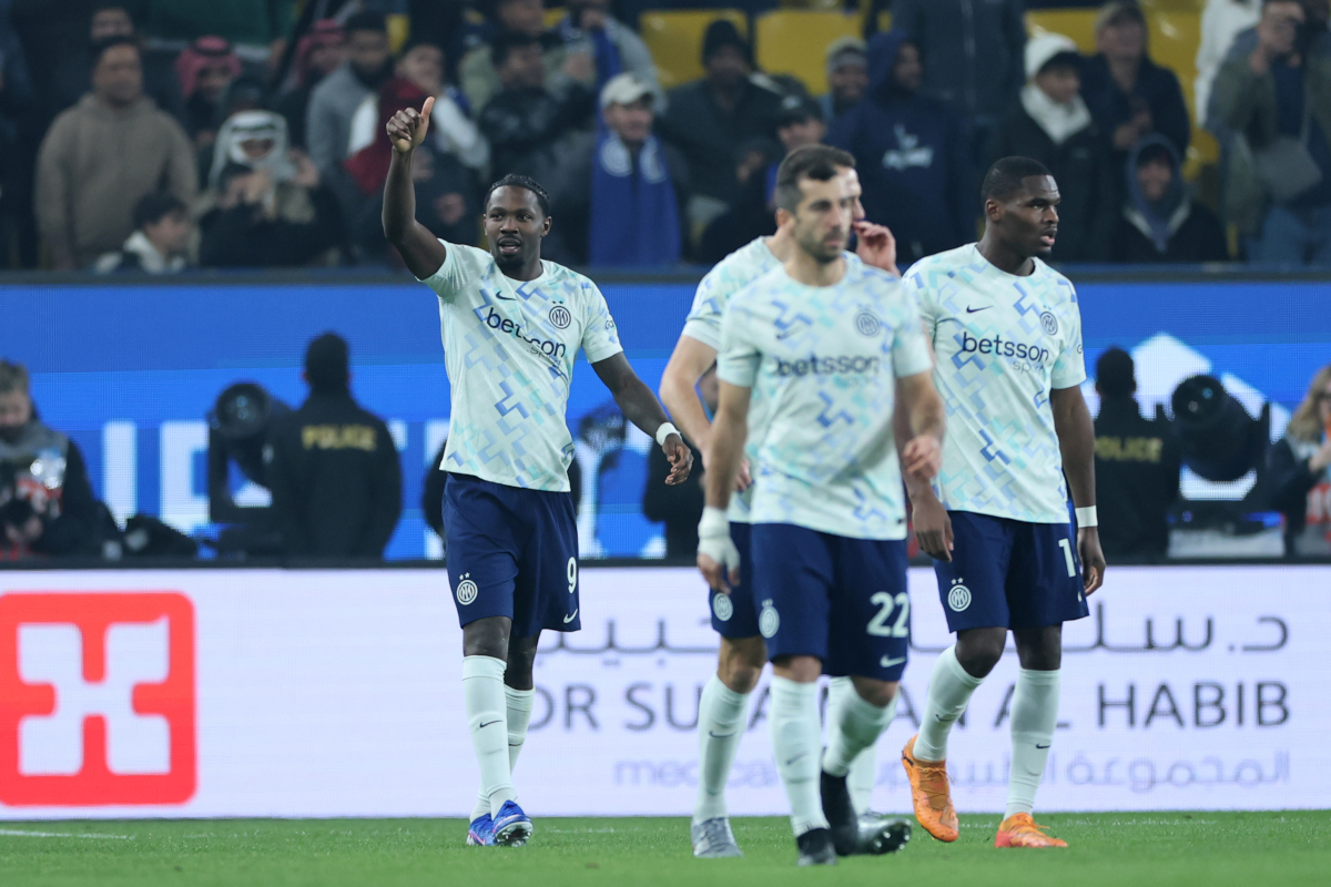 RIYADH, SAUDI ARABIA - DECEMBER 19: Marcus Thuram of FC Internazionale celebrates after scoring his team's first goal during the Supercoppa Italiana semifinal match between Bologna FC 1909 and FC Internazionale at King Saud University Stadium on December 19, 2025 in Riyadh, Saudi Arabia. (Photo by Abdullah Ahmed/Getty Images)