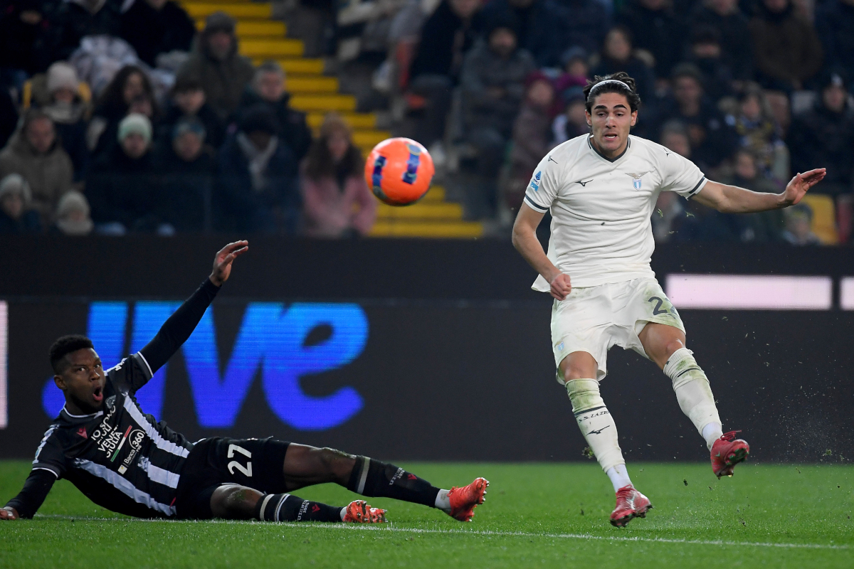 UDINE, ITALY - DECEMBER 27: Matteo Cancellieri of SS Lazio kicks the ball during the Serie A match between Udinese Calcio and SS Lazio at Stadio Friuli on December 27, 2025 in Udine, Italy. (Photo by Marco Rosi - SS Lazio/Getty Images)