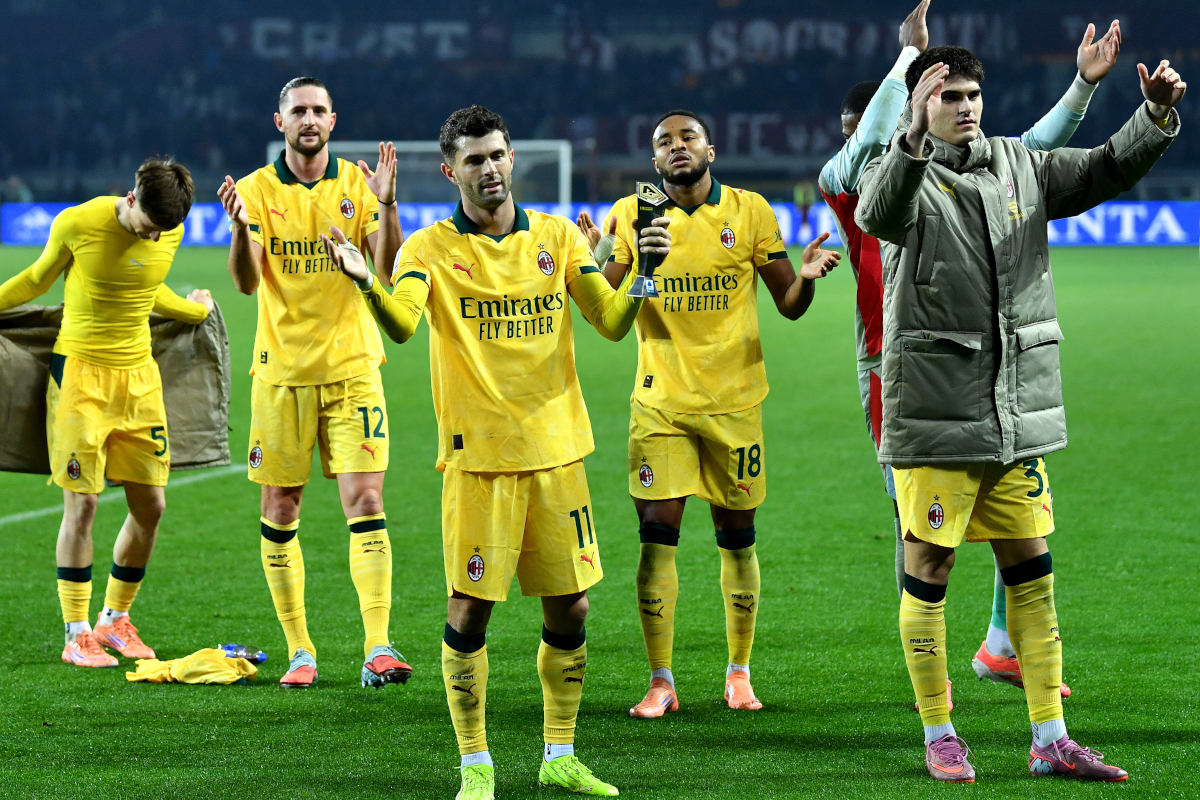 TURIN, ITALY - DECEMBER 08: Christian Pulisic of AC Milan celebrates with teammates following victory in the Serie A match between Torino FC and AC Milan at Stadio Olimpico di Torino on December 08, 2025 in Turin, Italy. (Photo by Valerio Pennicino/Getty Images)