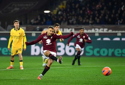 TURIN, ITALY - DECEMBER 08: Nikola Vlasic of Torino scores his team's first goal from the penalty spot during the Serie A match between Torino FC and AC Milan at Stadio Olimpico di Torino on December 08, 2025 in Turin, Italy. (Photo by Valerio Pennicino/Getty Images)