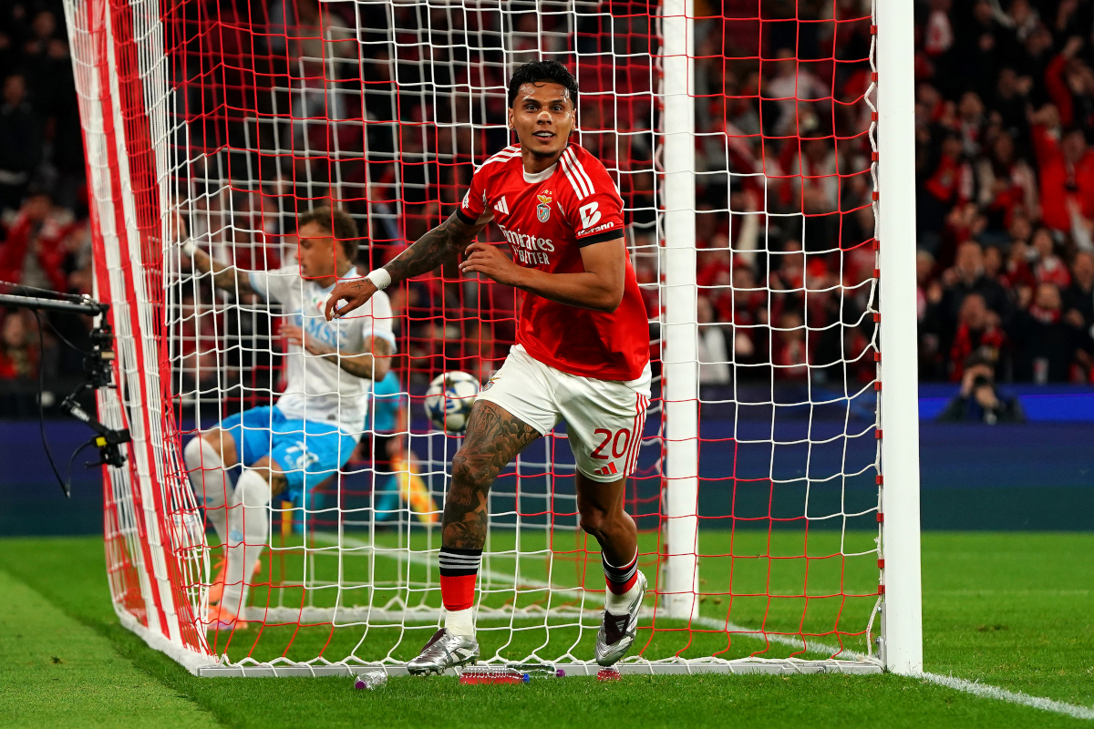 LISBON, PORTUGAL - DECEMBER 10: Richard Rios of Benfica celebrates scoring his team's first goal during the UEFA Champions League 2025/26 League Phase MD6 match between SL Benfica and SSC Napoli at on December 10, 2025 in Lisbon, Portugal. (Photo by Gualter Fatia/Getty Images)