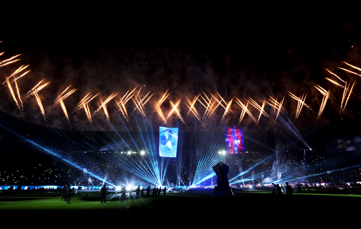 RIYADH, SAUDI ARABIA - DECEMBER 22: General view inside the stadium during a pre-match display prior to the Supercoppa Italiana Final between SSC Napoli and Bologna FC 1909 at King Saud University Stadium on December 22, 2025 in Riyadh, Saudi Arabia. (Photo by Yasser Bakhsh/Getty Images)