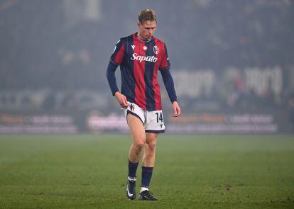 BOLOGNA, ITALY - DECEMBER 14: Torbjorn Heggem of Bologna leaves the pitch after being shown a red card during the Serie A match between Bologna FC 1909 and Juventus FC at Renato Dall'Ara Stadium on December 14, 2025 in Bologna, Italy. (Photo by Alessandro Sabattini/Getty Images)