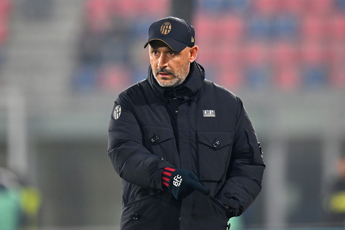 BOLOGNA, ITALY - DECEMBER 04: Vincenzo Italiano, Head Coach of Bologna, gestures during the warm up prior to the Coppa Italia Round of 16 match between Bologna FC and Parma Calcio at Renato Dall'Ara Stadium on December 04, 2025 in Bologna, Italy. (Photo by Alessandro Sabattini/Getty Images)
