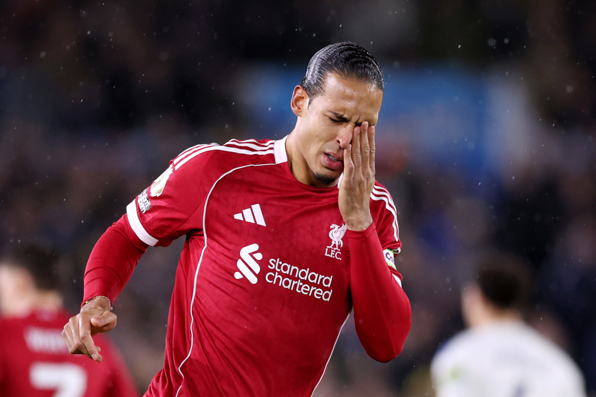 LEEDS, ENGLAND - DECEMBER 06: Virgil van Dijk of Liverpool reacts during the Premier League match between Leeds United and Liverpool at Elland Road on December 06, 2025 in Leeds, England. (Photo by Alex Livesey/Getty Images)