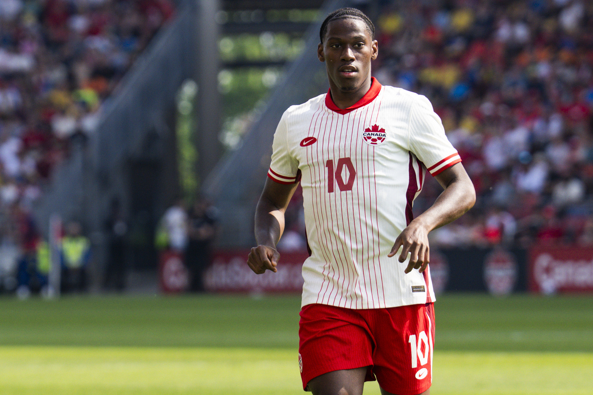 TORONTO, ON - JUNE 7: Jonathan David #10 of Canada runs on the field against Ukraine during the second half of their Canadian Shield Tournament match at the BMO Field on June 7, 2025 in Toronto, Ontario, Canada.   (Photo by Mark Blinch/Getty Images)