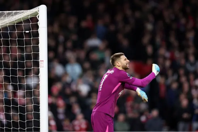 NOTTINGHAM, ENGLAND - DECEMBER 14: Guglielmo Vicario of Tottenham Hotspur during the Premier League match between Nottingham Forest and Tottenham Hotspur at City Ground on December 14, 2025 in Nottingham, England. (Photo by Naomi Baker/Getty Images)