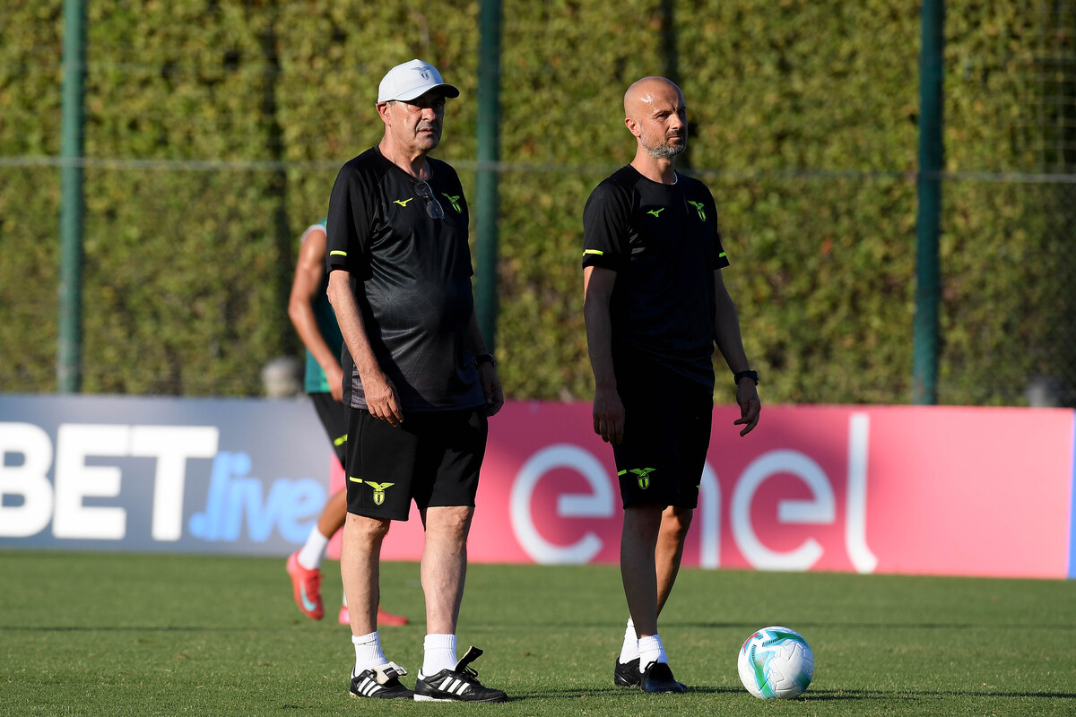 ROME, ITALY - JULY 14: SS Lazio head coach Maurizio Sarri and SS Lazio second coach Marco Ianni during the SS Lazio traning session at the Formello sport centre on July 14, 2025 in Rome, Italy. (Photo by Marco Rosi - SS Lazio/Getty Images)