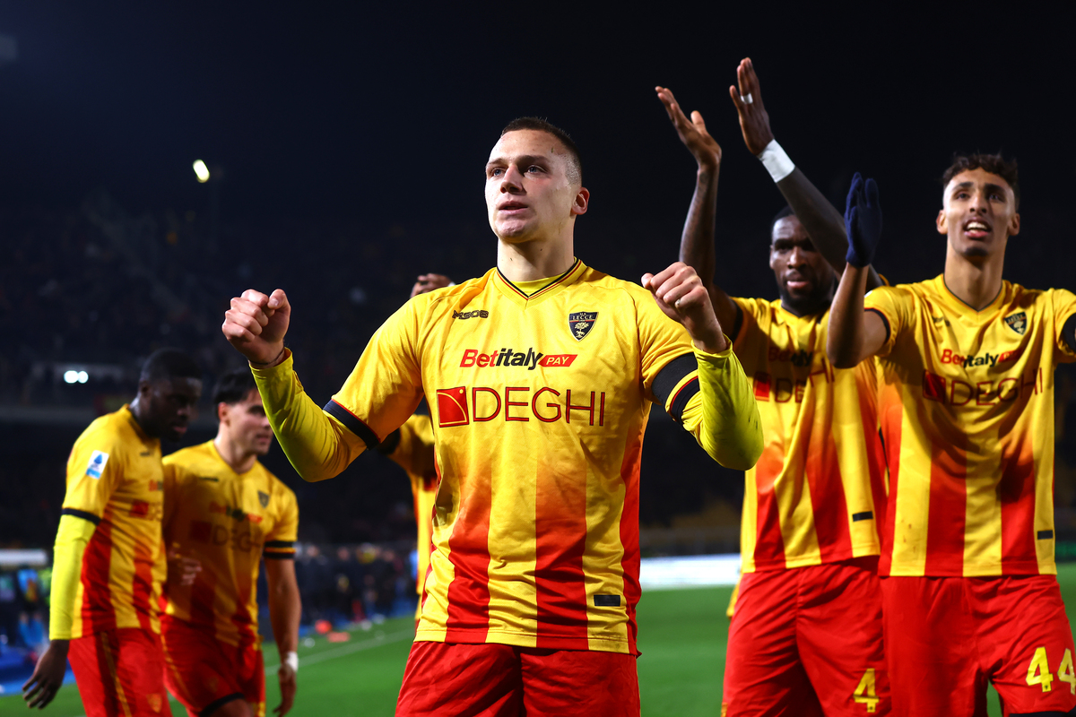 LECCE, ITALY - DECEMBER 12: Nikola Stulic of US Lecce celebrates after scoring his team's opening goal during the Serie A match between US Lecce and Pisa SC at Stadio Via del Mare on December 12, 2025 in Lecce, Italy. (Photo by Maurizio Lagana/Getty Images)