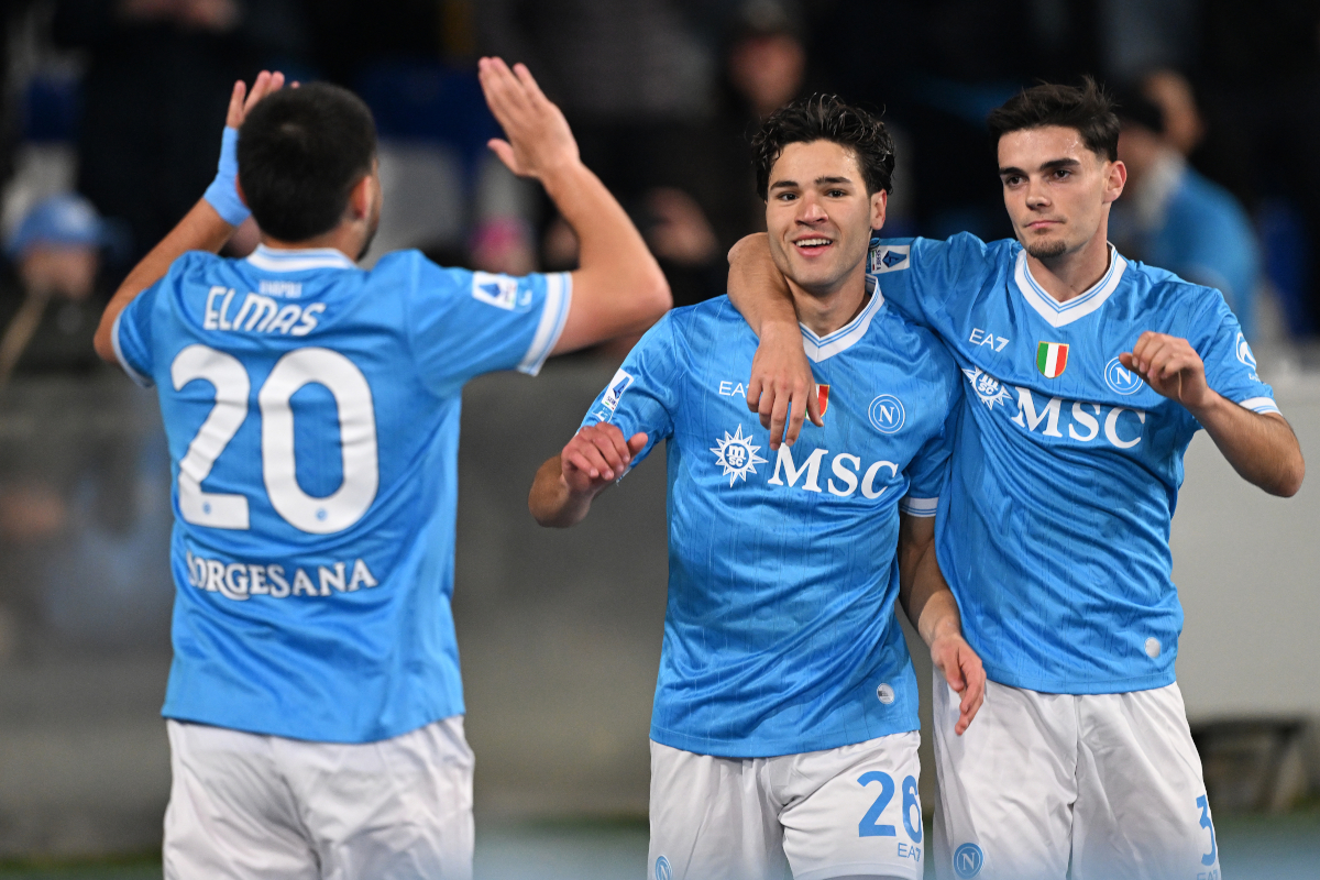 NAPLES, ITALY - JANUARY 31: Antonio Vergara of SSC Napoli celebrates after scoring his sides first goal during the Serie A match between SSC Napoli and ACF Fiorentina at Stadio Diego Armando Maradona on January 31, 2026 in Naples, Italy. (Photo by Francesco Pecoraro/Getty Images)