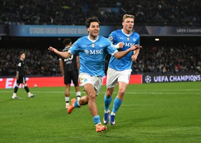 NAPLES, ITALY - JANUARY 28: Antonio Vergara of SSC Napoli celebrates scoring his team's first goal during the UEFA Champions League 2025/26 League Phase MD8 match between SSC Napoli and Chelsea FC at Stadio Diego Armando Maradona on January 28, 2026 in Naples, Italy. (Photo by Francesco Pecoraro/Getty Images)