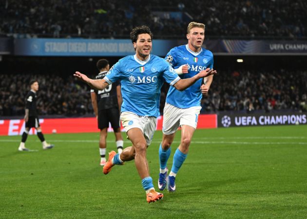 NAPLES, ITALY - JANUARY 28: Antonio Vergara of SSC Napoli celebrates scoring his team's first goal during the UEFA Champions League 2025/26 League Phase MD8 match between SSC Napoli and Chelsea FC at Stadio Diego Armando Maradona on January 28, 2026 in Naples, Italy. (Photo by Francesco Pecoraro/Getty Images)