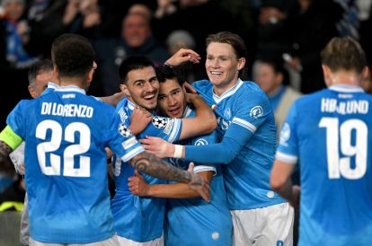 NAPLES, ITALY - JANUARY 28: Antonio Vergara of SSC Napoli celebrates with teammates after scoring his team's first goal during the UEFA Champions League 2025/26 League Phase MD8 match between SSC Napoli and Chelsea FC at Stadio Diego Armando Maradona on January 28, 2026 in Naples, Italy. (Photo by Francesco Pecoraro/Getty Images)