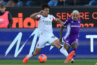 FLORENCE, ITALY - JANUARY 11: Ardon Jashari of AC Milan in action against Domilson Cordeiro dos Santos known as Dodo of ACF Fiorentina during the Serie A match between ACF Fiorentina and AC Milan at Artemio Franchi on January 11, 2026 in Florence, Italy. (Photo by Gabriele Maltinti/Getty Images)