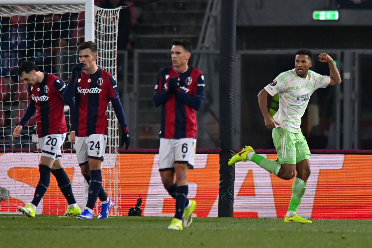 BOLOGNA, ITALY - JANUARY 22: Auston Trusty of Celtic FC celebrates after scoring his team's second goal during the UEFA Europa League 2025/26 League Phase MD7 match between Bologna FC 1909 and Celtic FC at Stadio Renato Dall'Ara on January 22, 2026 in Bologna, Italy. (Photo by Alessandro Sabattini/Getty Images)