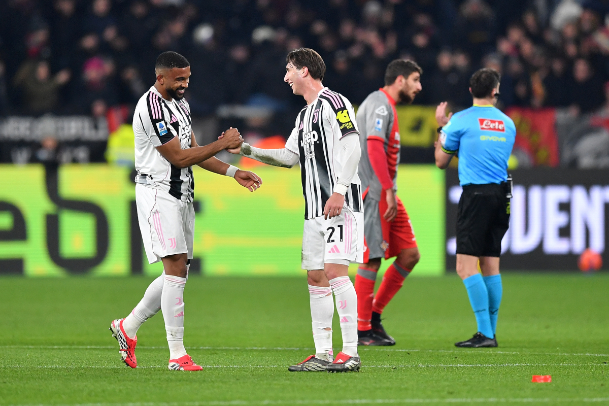 TURIN, ITALY - JANUARY 12: Fabio Miretti of Juventus FC celebrtaes a goal with team mate Bremer during the Serie A match between Juventus FC and US Cremonese at Allianz Stadium on January 12, 2026 in Turin, Italy. (Photo by Valerio Pennicino/Getty Images)